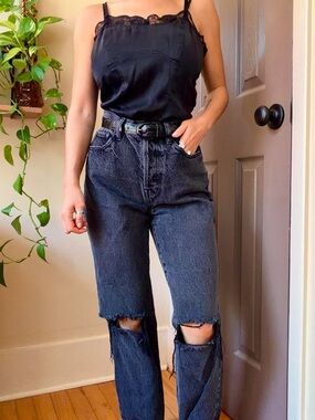 Grunge Punk Black Distressed Straight Leg High Waisted Streetwear Jeans
